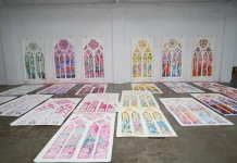 Notre-Dame Stained-Glass Controversy Enters Critical Phase as Official Approval Triggers Final Appeal Window Claire Tabouret, sketches for her stained glass window designs for Notre Dame Cathedral in Paris. Photo courtesy of the artist and Night Gallery, Los Angeles.