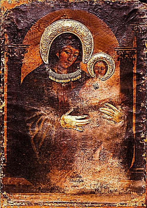 500px-Icon_of_the_blessed_Virgin_Mary_by_Luke_the_Evangelist con of Virgin Mary located at Monastery of Saint Mark, Jerusalem and believed to be painted by Luke the Evangelist (Public Domain Wikimedia)