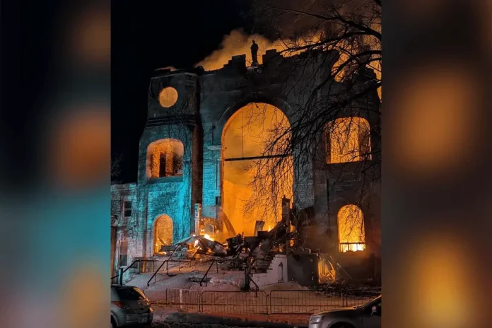 2026-02-23-MontrealChruchFire The historic former Saint-Paul Church in Montreal's Sud-Ouest borough, built between 1910-1911, was destroyed in a five-alarm fire before 2 a.m. on Feb. 23. (Credit Catholic Register)