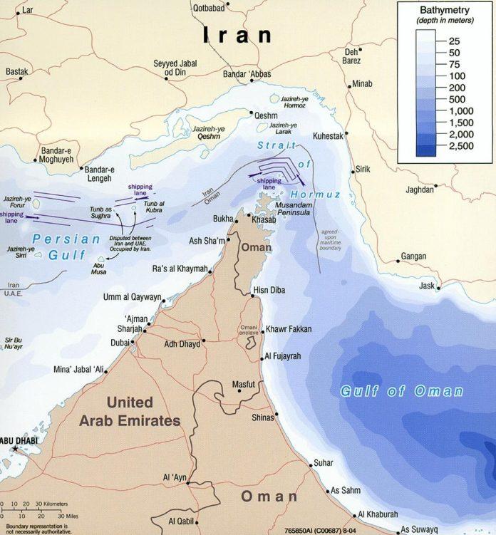 The Strait of Hormuz showing maritime political boundaries and shipping lanes (Public Domain, https://commons.wikimedia.org)