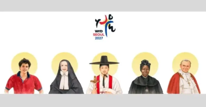 An image of the WYD Seoul 2027 patron saints – from left Carlo Acutis, Frances Xavier Cabrini, Andrew Kim Taegon, Josephine Bakhita, and Pope John Paul II. (Photo: WYD Seoul LOC)