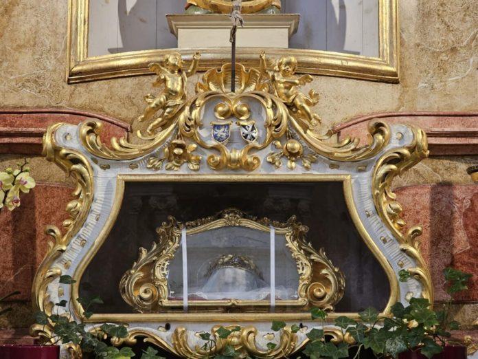 The skull of St. Zdislava of Lemberk, a 13th-century Dominican laywoman whose remains have been venerated by pilgrims for centuries, is seen in an undated photo at the Basilica of St. Lawrence and St. Zdislava in Jablonne v Podjestedi, a small Czech town 70 miles north of Prague. On May 12, 2026, a thief slipped into the basilica just before evening Mass, smashed the glass reliquary and escaped in a flash with the saint’s skull. On May 15, police announced they had recovered the relic and found the thief. (OSV News photo/courtesy Father Lawrence Lew)