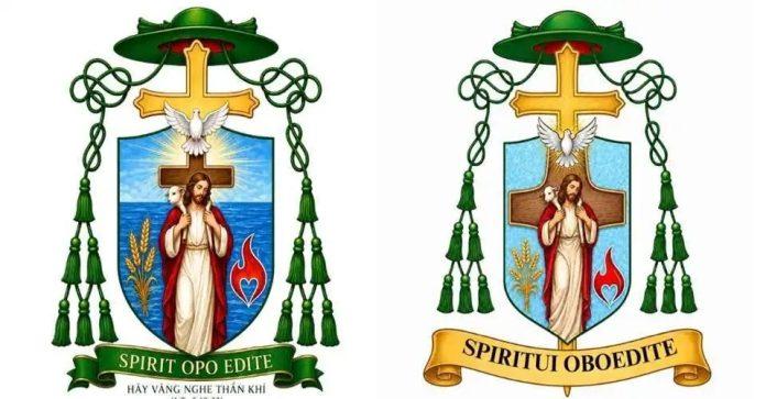 Two similar religious coat-of-arms banners featuring a golden cross on a blue shield, a standing Jesus figure, a white dove, a heart, wheat stalks, green tassels, and a gold ribbon with motto text below (left and right versions).