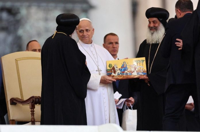 Pope Leo XIV speaking with members of the Coptic Church at the end of a weekly General Audience in the Vatican (Vatican Media)