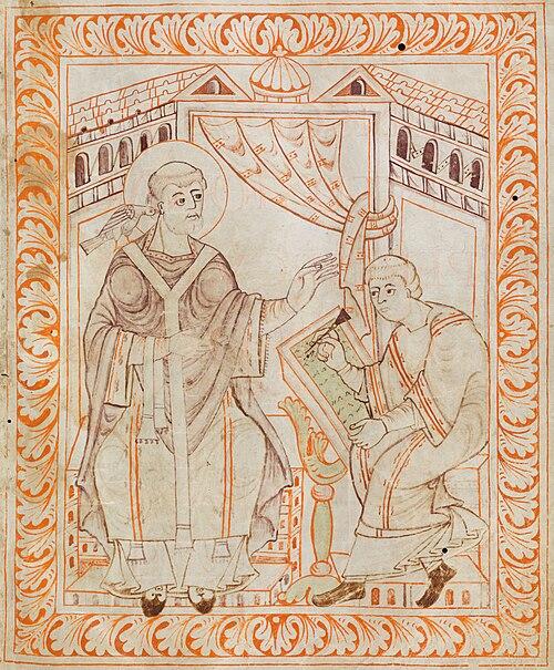 500px-Gregory_I_-_Antiphonary_of_Hartker_of_Sankt_Gallen Pope Gregorius I dictating the gregorian chants . A dove representing the Holy Spirit sitting on Pope Gregory I's shoulder symbolizes Divine Inspiration. (Hartker of Sankt-Gallen. See this book for information on the manuscript. - Antiphonary of Hartker of the monastery of Saint Gall Public Domain Wikimedia)