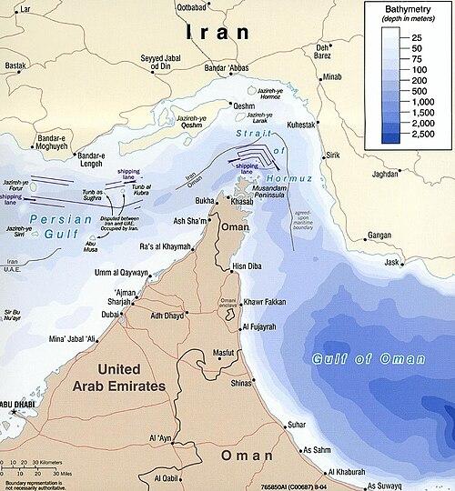 500px-Strait_of_hormuz_full The Strait of Hormuz showing maritime political boundaries and shipping lanes (Public Domain wikimedia)