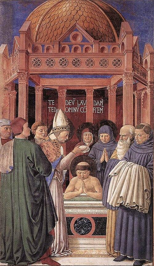 500px-AugustineBaptism Fresco of Ambrose baptizing Saint Augustine, by Benozzo Gozzoli
