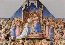 The glass that shattered one day, the experiences of Satan, and the necessary friendship with the angels. Christ crowns the Virgin Mary as Queen of Heaven on a gilded throne, surrounded by angels and saints in a medieval scene.