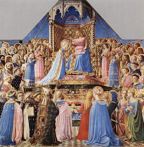 500px-Fra_Angelico_082 Christ crowns the Virgin Mary as Queen of Heaven on a gilded throne, surrounded by angels and saints in a medieval scene.