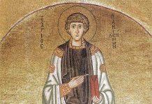 Saint Pantaleon, physician of bodies and martyr, his blood becomes liquid every year Early 11th-century Byzantine mosaic of Saint Pantaleon in the Hosios Loukas Monastery, Greece (By Anonymous - Chatzidakis. Byzantine Art in Greece, Public Domain, )