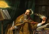 Newly Discovered Augustine Sermons Shed Light on One of the Bible’s Most Challenging Theological Questions Bearded saint in ornate gold vestments sits at a desk, writing with a quill, while his right hand holds a flaming heart; a glowing “Veritas” light shines nearby.