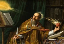 Newly Discovered Augustine Sermons Shed Light on One of the Bible’s Most Challenging Theological Questions Bearded saint in ornate gold vestments sits at a desk, writing with a quill, while his right hand holds a flaming heart; a glowing “Veritas” light shines nearby.